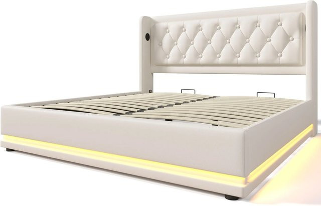 Merax Polsterbett mit LED-Unterbettbeleuchtung und USB-C Ladestation, Weiß, B/T/H: 160 x 200 x 101 cm - Bild 1