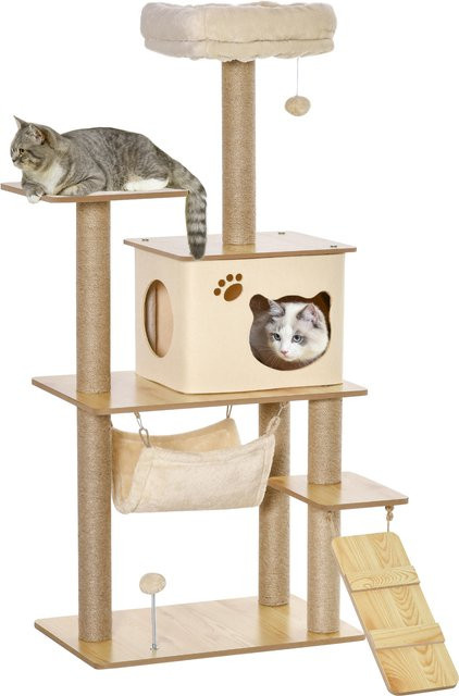 PawHut Kratzbaum für Katzen in Gelb und Beige mit Plattformen, Höhle, Hängematte, Leiter, Jute-Kratzsäulen und Spielzeugbällen - Bild 1