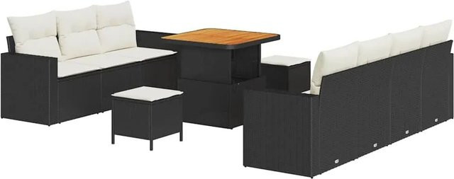 vidaXL Garten-Sofa-Set 10-teilig aus Poly-Rattan mit Kissen in Schwarz und Beige mit Stauraumfunktion - Bild 1