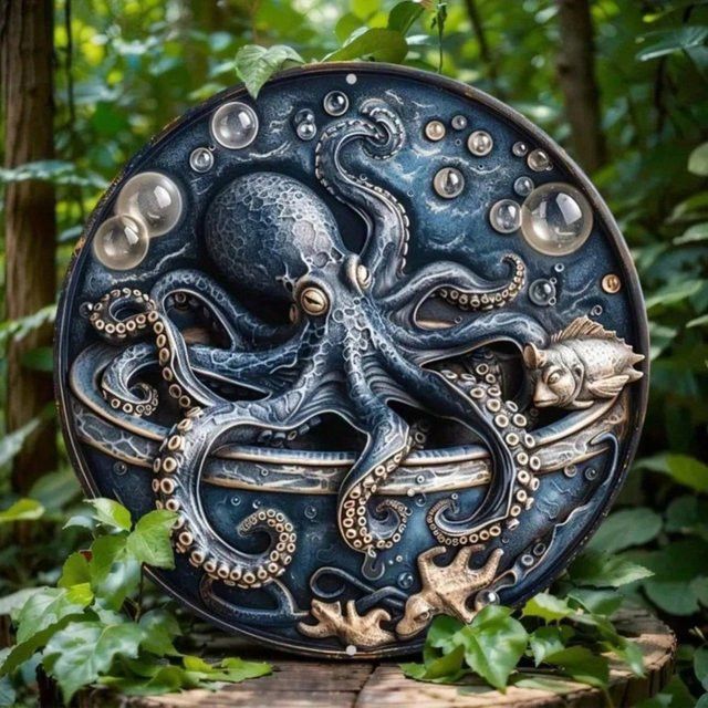 Vintage Oktopus Wandkunst aus Aluminium von CIFBUY, runde Metall-Wanddekoration für dein Zuhause und Büro, Durchmesser: 20 cm - Bild 1