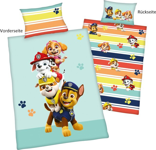 Herding Paw Patrol Baby Bettwäsche aus Baumwolle, mehrfarbig, wendbar, mit Reißverschluss, Kopfkissenbezug B/H: 40 x 60 cm, Bettdeckenbezug B/H: 135 x 100 cm - Bild 1