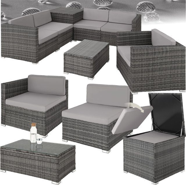 tectake Rattan Lounge Pisa für 5 Personen in Grau mit Aufbewahrungsbox und Polstern, B/T/H: 67 x 75 x 64,5 cm - Bild 1