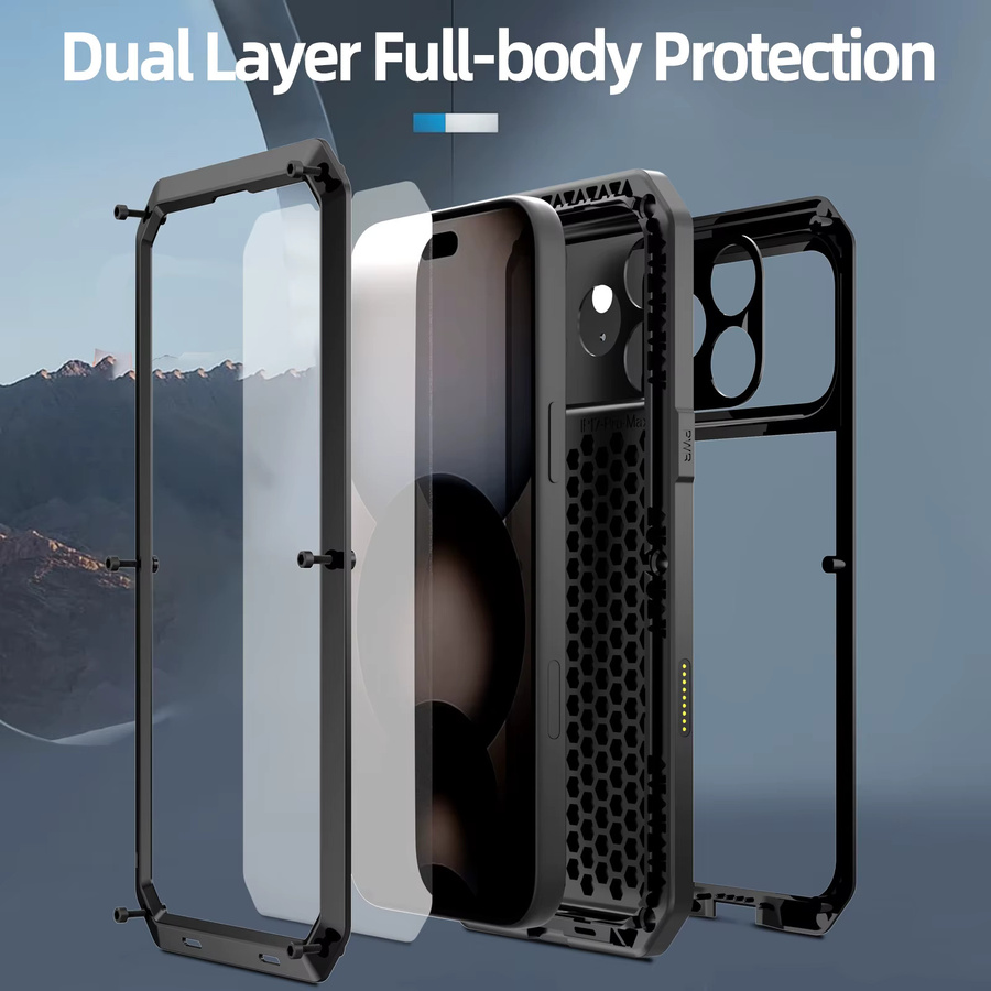 WENBIN Robuste Metall Schutzhülle für iPhone 17, 16, 15 Pro Max und 15 Plus, 360 Grad Ganzkörperschutz, Stoßfest, Farbe: Silber oder Schwarz - Bild 2