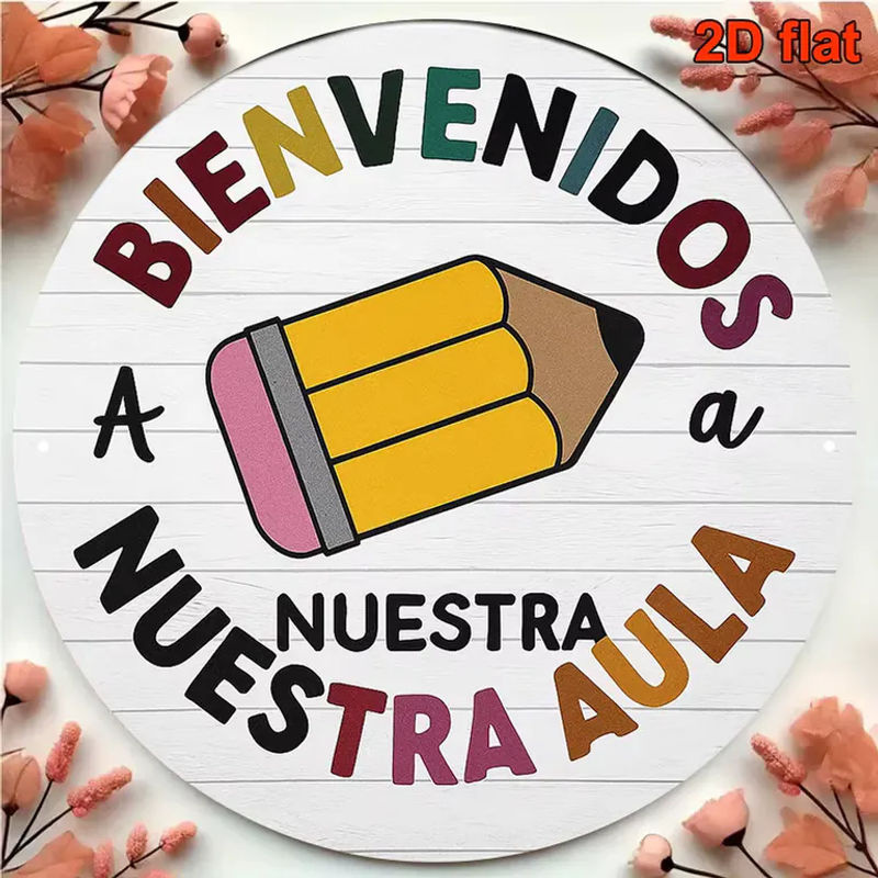 Rundes Vintage-Willkommensschild aus Metall in Weiß mit spanischem Slogan Bienvenidos a Nuestra Aula, Durchmesser: 20,32 cm - Bild 5