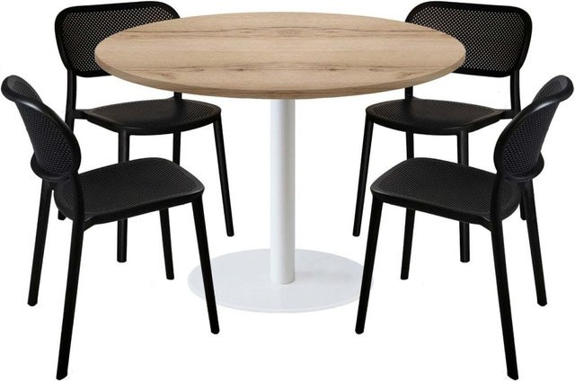 RestooTab Esstisch-Set Rome XL mit 4 Stühlen, runder Esstisch in Eiche Natur mit weißem Gestell, Durchmesser: 120 cm, Höhe: 75 cm - Bild 1