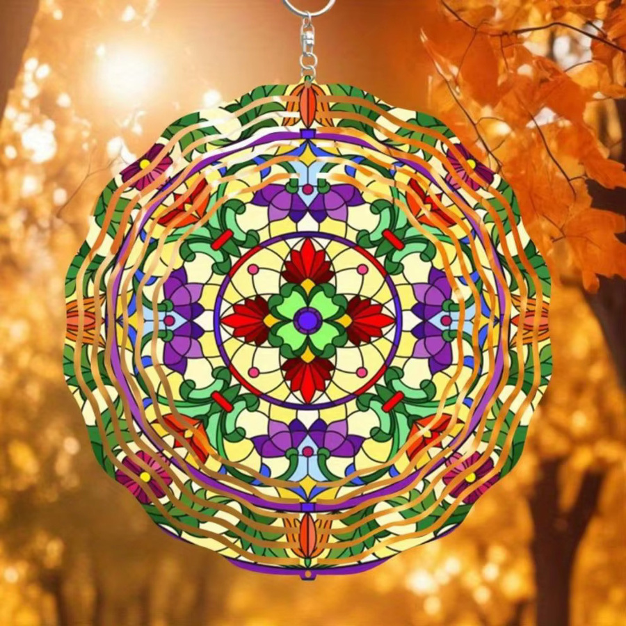 HELLOYOUNG Buntes Buntglas-Windspiel Mandala mit Blumenmuster als Sonnenfänger für den Garten, Durchmesser: 25 cm - Bild 1