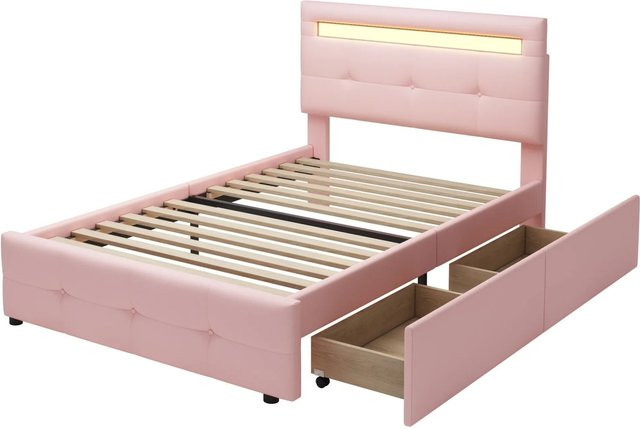 Merax Polsterbett mit LED-Unterbettbeleuchtung und Schubladen in Rosa, B/T: 90 x 200 cm - Bild 1