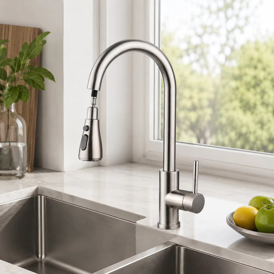 Oraymin Edelstahl-Küchenarmatur in Silber mit Ausziehbrause, 3 Sprühmodi und 360° schwenkbarem Hochbogen-Mischhahn - Bild 2