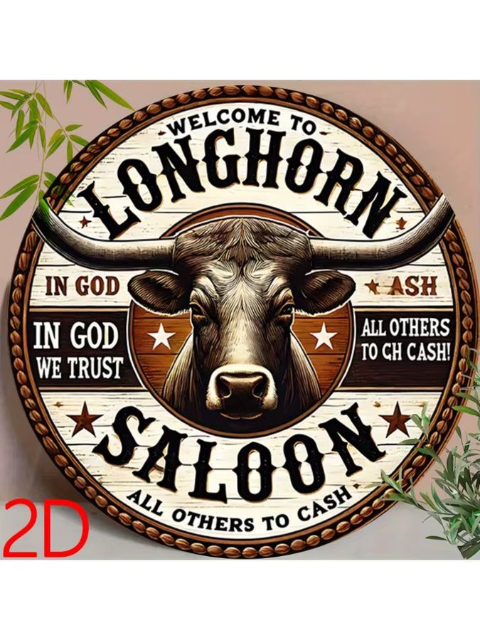 Potdemiel Vintage Metall-Wandblechschild Longhorn Cowboy Western-Dekor, rund, Durchmesser: 20,32 cm - Bild 5
