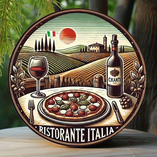 Potdemiel Metallwandkunst Italienische Küche Rundes Eisenschild mit Pizza, Wein und Chianti-Flaschen Design, Durchmesser: 20,32 cm - Bild 1