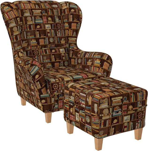 Supellex Sofia Ohrensessel mit Hocker in Braun mit Walnuss-Bücherregal - Bild 1