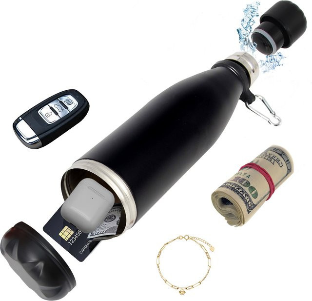 Aolamegs Versteckter Tresor in Form einer Trinkflasche aus Stahl in Schwarz zum Aufbewahren von Karten, Schlüsseln und Bargeld - Bild 1