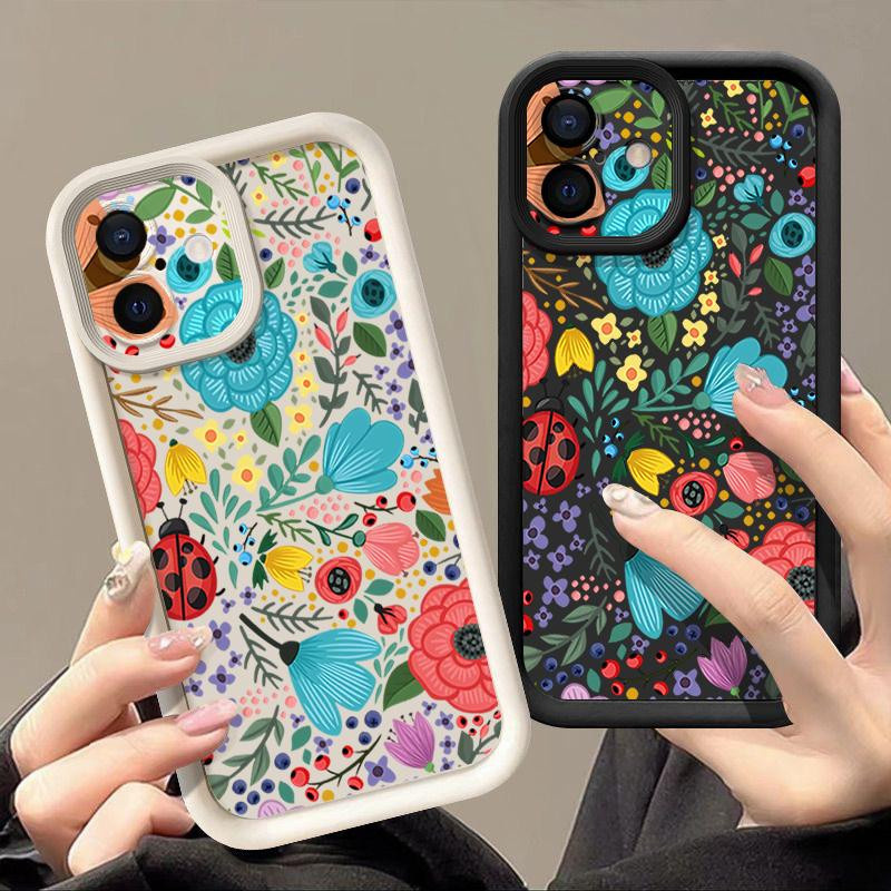 Stoßfeste Silikon Handyhülle mit buntem Blumen- und Marienkäfermuster für Apple iPhone, rosa/mehrfarbig - Bild 1