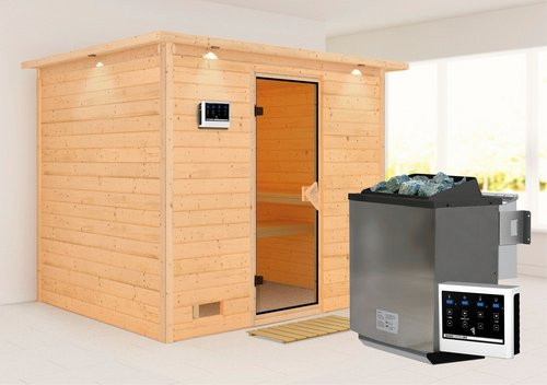 Karibu Sauna Paldiski aus Fichtenholz in Beige für 4 Personen inklusive 9 kW Bio-Kombi-Saunaofen mit externer Steuerung, B/T/H: 264 x 198 x 212 cm - Bild 1