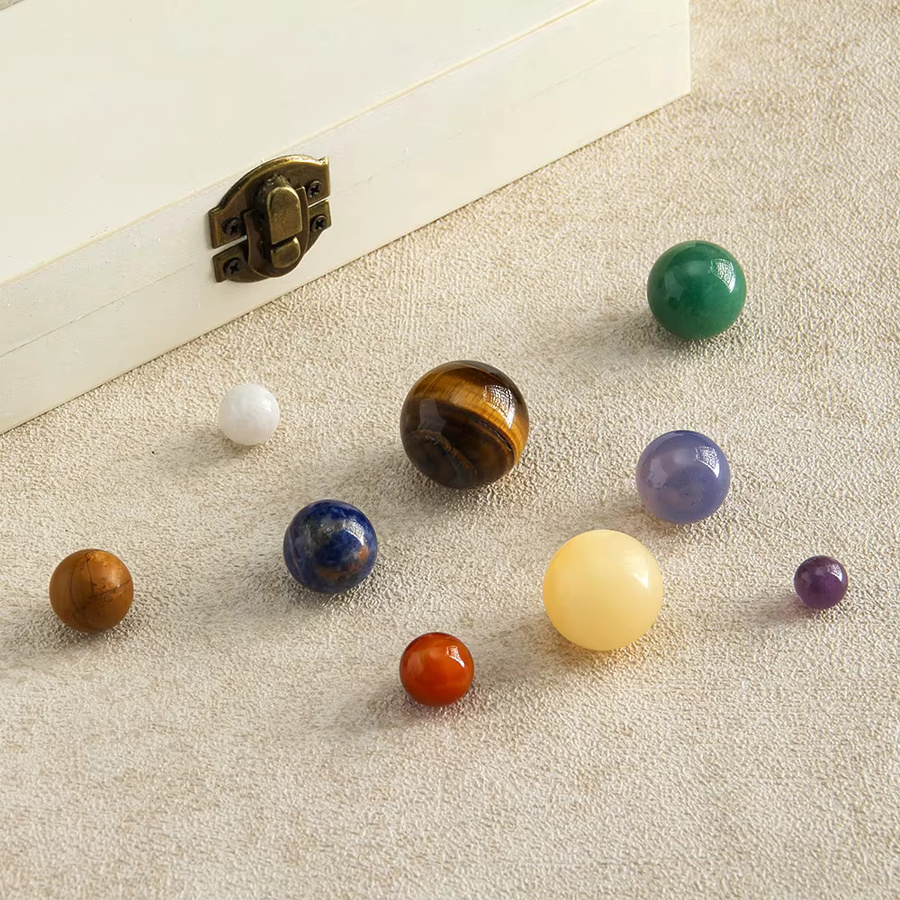Amethyst Naturstein Sonnensystem Set mit Holzkiste, Buntes Planeten-Dekorationsset aus Kristallen - Bild 4
