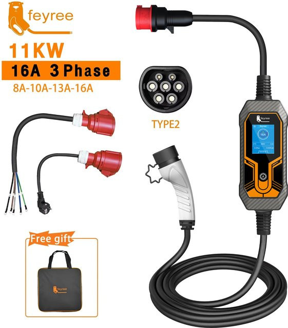 Feyree Tragbares EV-Ladegerät Typ2 11kW 16A 3-Phasen EVSE-Ladebox mit einstellbarem Strom und CEE-Stecker in Schwarz - Bild 1