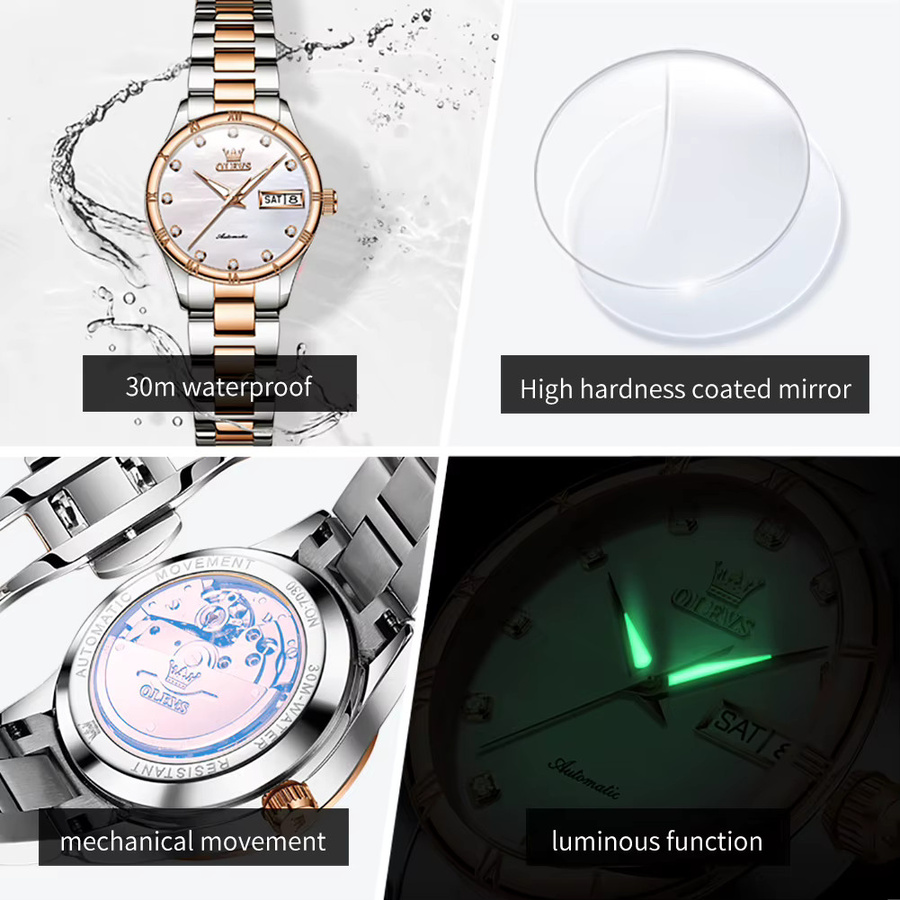 OLEVS Armbanduhr Automatik, Edelstahl, Gold, Weiß, Damen - Bild 3