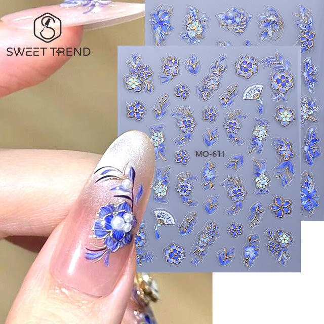 SWEET TREND Nagelkunst-Aufkleber, 5D geprägte Blumen, Gold und Blau, Metallic - Bild 1