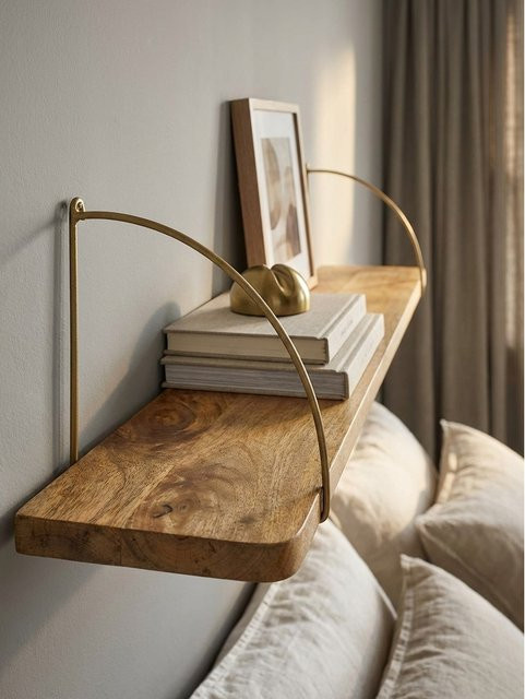 Wandregal Industrial aus Massivholz und Metall von KADIMA DESIGN in Mango und Braun, B/T/H: 100 x 22 x 25 cm - Bild 1