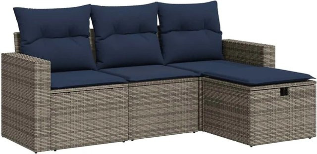 vidaXL 4-tlg. Garten-Sofagarnitur aus grauem Poly-Rattan mit Kissen und Stauraum - Bild 1