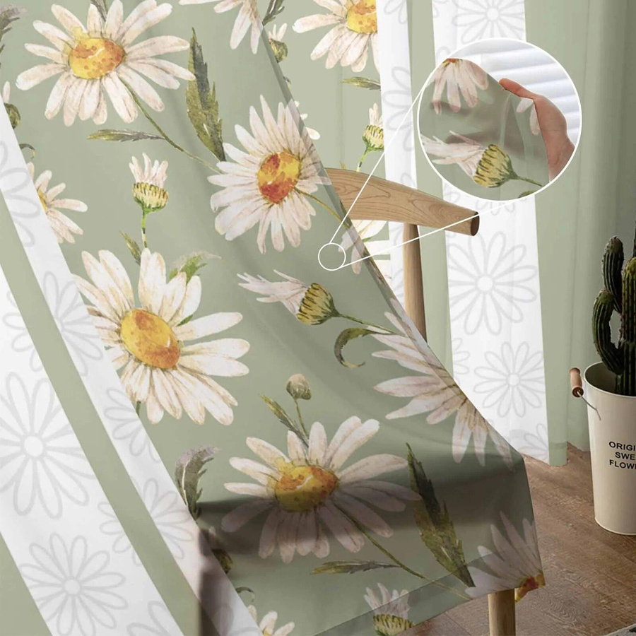 Yifulin Transparente Tüll-Vorhänge mit Gänseblümchen-Blumenmuster in Salbei Grün, Breite: 135 cm, Höhe: 114 cm - Bild 2
