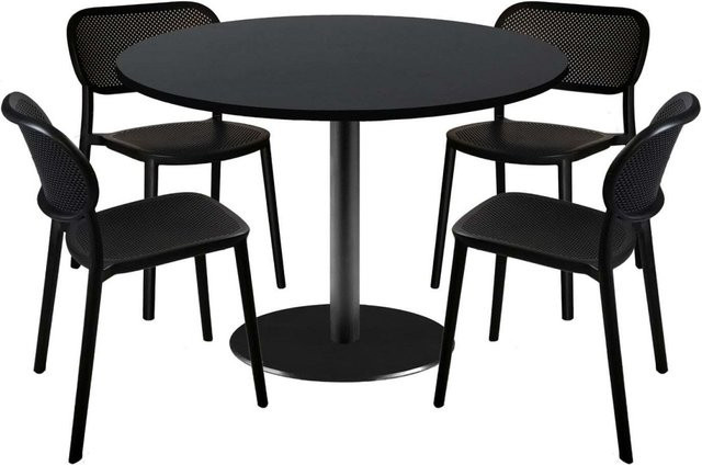 RestooTab Esstisch-Set Rome XL mit 4 Stühlen, runder Esstisch in Schwarz mit schwarzem Gestell, Durchmesser: 120 cm, Höhe: 75 cm - Bild 1