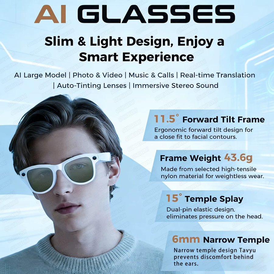 GUHUAVMI Ultra AI Smart Glasses mit 1200P Kamera, ChatGPT Sprachassistent, Echtzeitübersetzung und 32 GB Speicher, Bluetooth Musik Sonnenbrille in Schwarz oder Blau - Bild 3