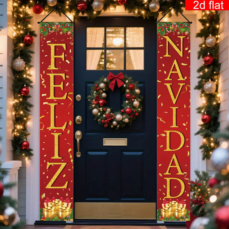 Paar 2D-Flachbanner dekorative Couplets für spanische Weihnachtsfeiern aus Polyester mit goldenem Geschenkbox-Bandmuster in Rot und Gold - Bild 3