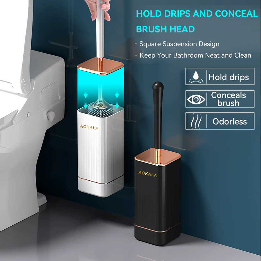 Aokala Toilettenbürsten-Set aus Silikon mit Halter in Weiß und Gold - Bild 4