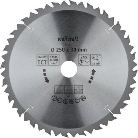 Wolfcraft Tisch-Kreissägeblatt für Holz, Durchmesser: 250 mm, 24 Zähne, Silber - Bild 1