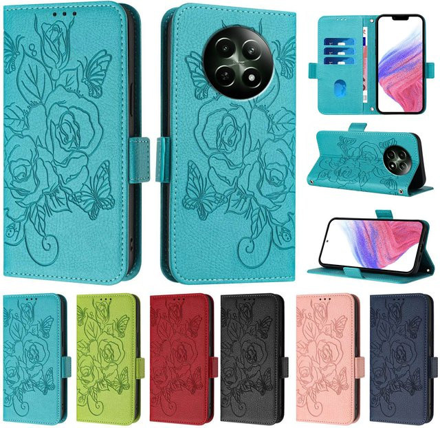 Leder Handyhülle mit Blumenmuster als Brieftasche für Realme 13 12 11 Pro Plus 5G C75 C67 C65 C63 C55 C21Y Green Magnetisches Flip-Cover - Bild 1