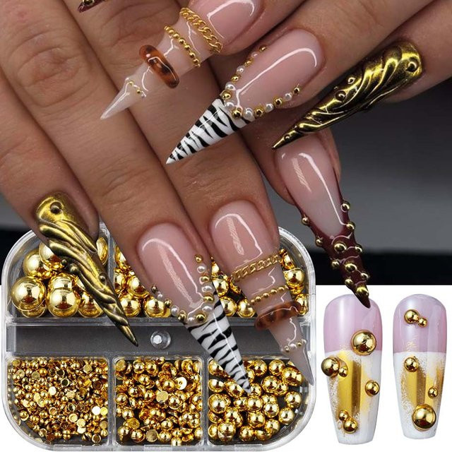 Full Beauty Nagelkunst-Charms, 6 Gitter, goldene silbrige Halbkreisperlen, Metallic - Bild 1