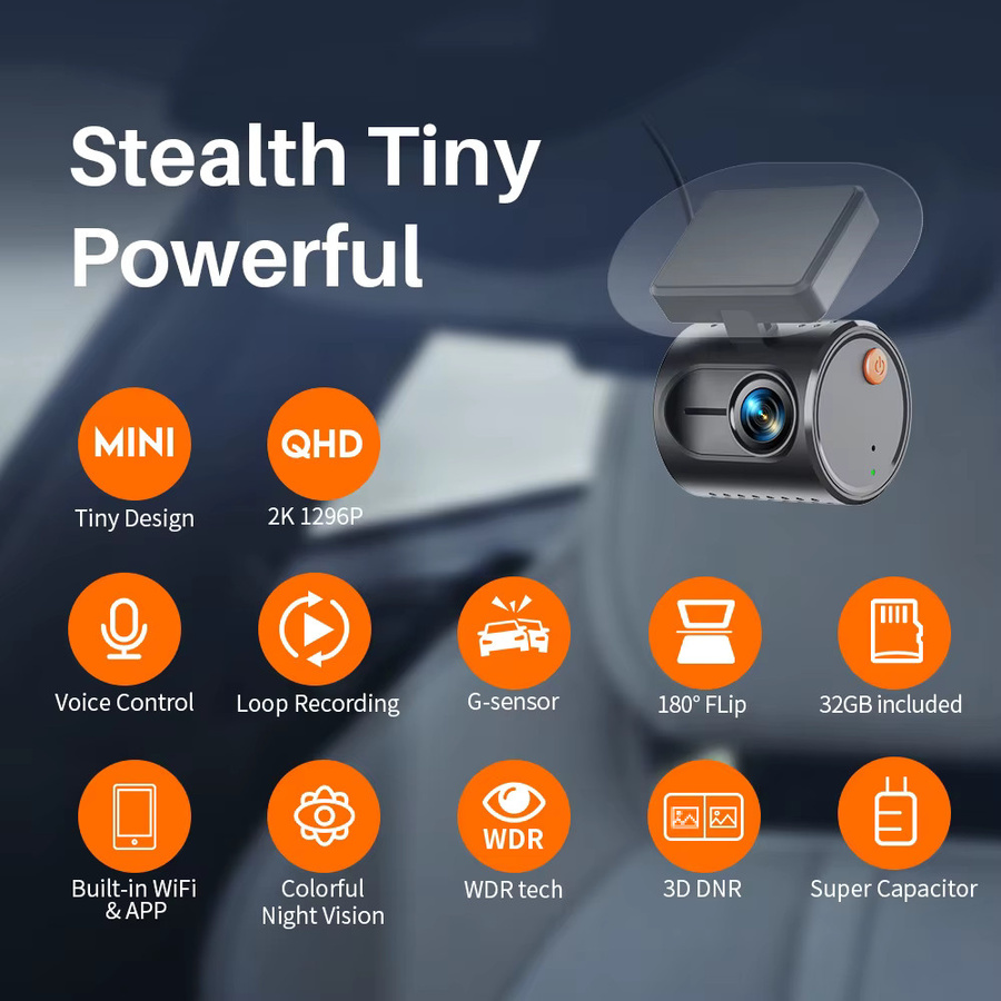 KAWA Tiny Dashcam MINI3 Gen2 Auto-DVR-Kamera mit 2K Auflösung, WiFi, App- und Sprachsteuerung sowie Nachtsicht in Schwarz - Bild 2