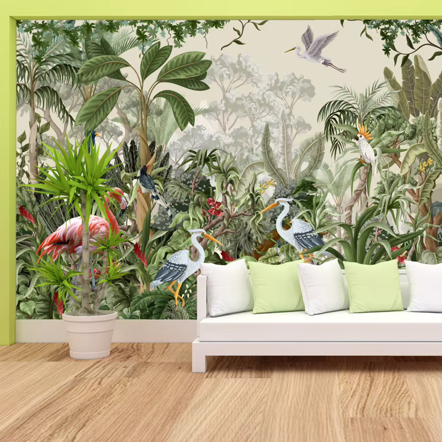 Selbstklebende ShineHome Fototapete mit Flamingo- und Botanik-Dschungel-Motiv in Mehrfarbig - Bild 2