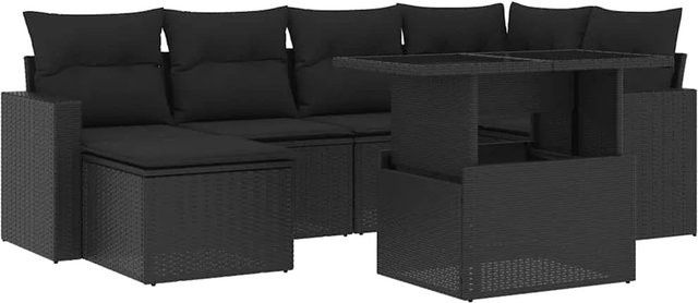 vidaXL 7-teilige Garten-Sofagarnitur in L-Form aus schwarzem Poly-Rattan mit Kissen und pulverbeschichtetem Stahlgestell - Bild 1