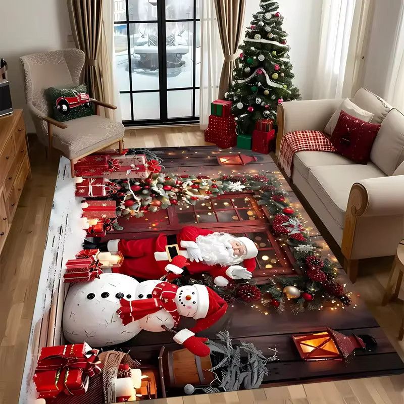 VIKAMA Weihnachtsmann und Schneemann Druckteppich als Weihnachtsdekoration für Wohnzimmer, Schlafzimmer oder Garten - Bild 2