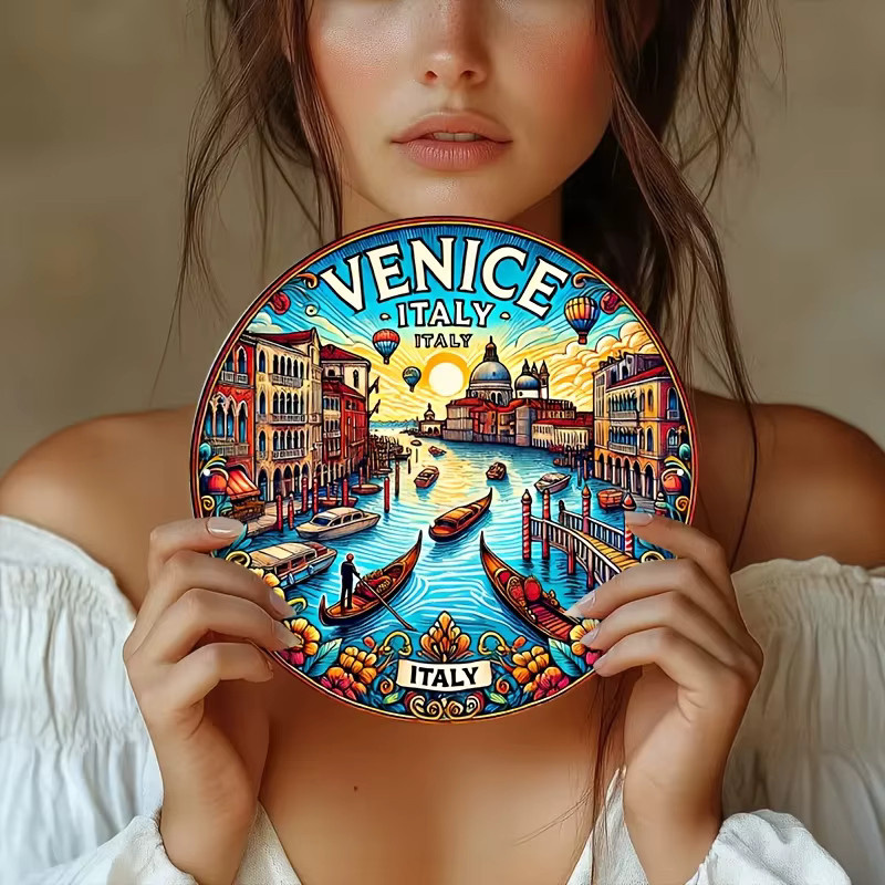 Potdemiel Vintage Venedig Wandkunst aus Aluminium, rundes Metallschild mit Gondeln und Sehenswürdigkeiten, Durchmesser: 20,3 cm, Mehrfarbig - Bild 2