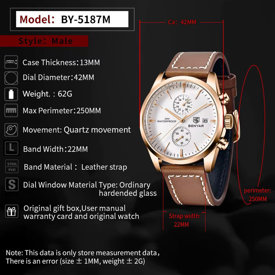 BENYAR Armbanduhr, Quarzuhr, Leder, 42 mm, Herren, Datum, Weiß - Bild 5
