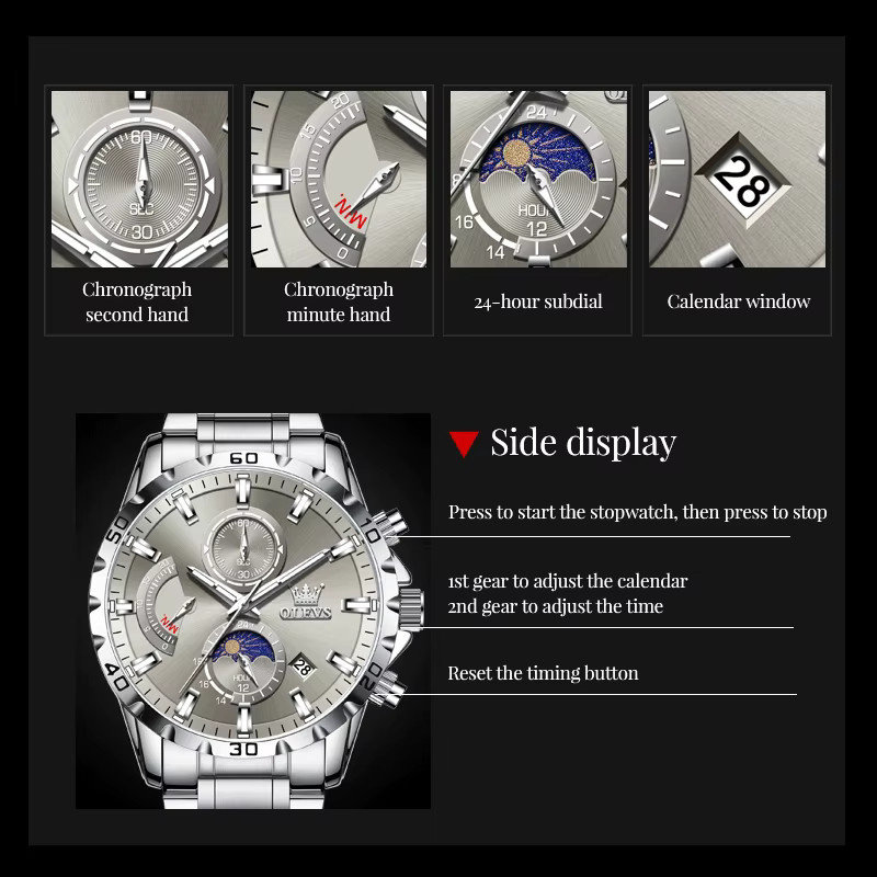 OLEVS Chronograph, Edelstahl, Quarz, 45,5 mm, Herren - Bild 5