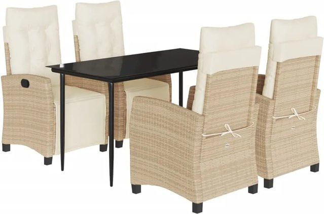 vidaXL 5-teilige Garten-Essgruppe aus Poly Rattan mit Kissen in Beige und cremeweiß sowie Glastisch - Bild 1