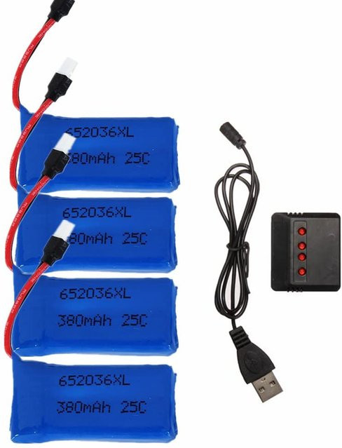 YUNIQUE EUROPE Set aus 4 LiPo-Akkus 25C 3,7V 380mAh mit USB-Ladegerät, kompatibel mit HUBSAN X4, H107, V252, Blau, B/H/T: 38 x 20 x 8 mm - Bild 1