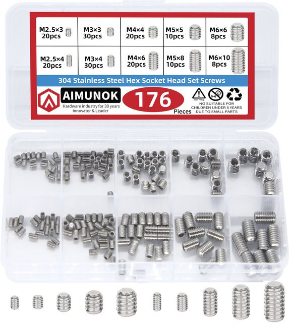 AIMUNOK 176er Set metrische Innensechskantschrauben aus Edelstahl 304 A2-70 in Silber - Bild 1