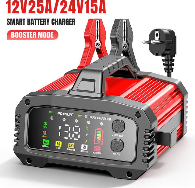 GECOFEER Autobatterie-Ladegerät 12V/24V mit Pulsreparatur und LED-Anzeige, intelligentes automatisches Universalladegerät für Nass- und Trocken-Blei-Säure-Batterien, Farbe: Rot - Bild 1