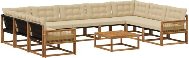 vidaXL Outdoor-Sofagarnitur L-Form aus massivem Akazienholz mit 10 Textilene-Kissen in Natur und Beige - Bild 1