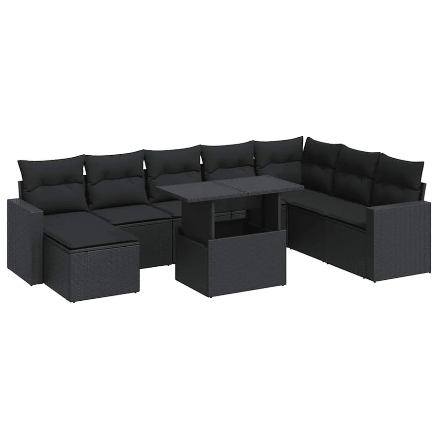 vidaXL 9-tlg. Garten-Sofagarnitur in L-Form aus schwarzem Poly-Rattan mit wetterfesten Kissen und pulverbeschichtetem Stahlgestell - Bild 2