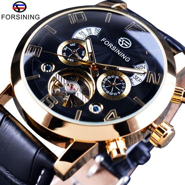 Forsining Armbanduhr, Automatik, Edelstahl, Gold, Leder, 46 mm, Herren - Bild 1