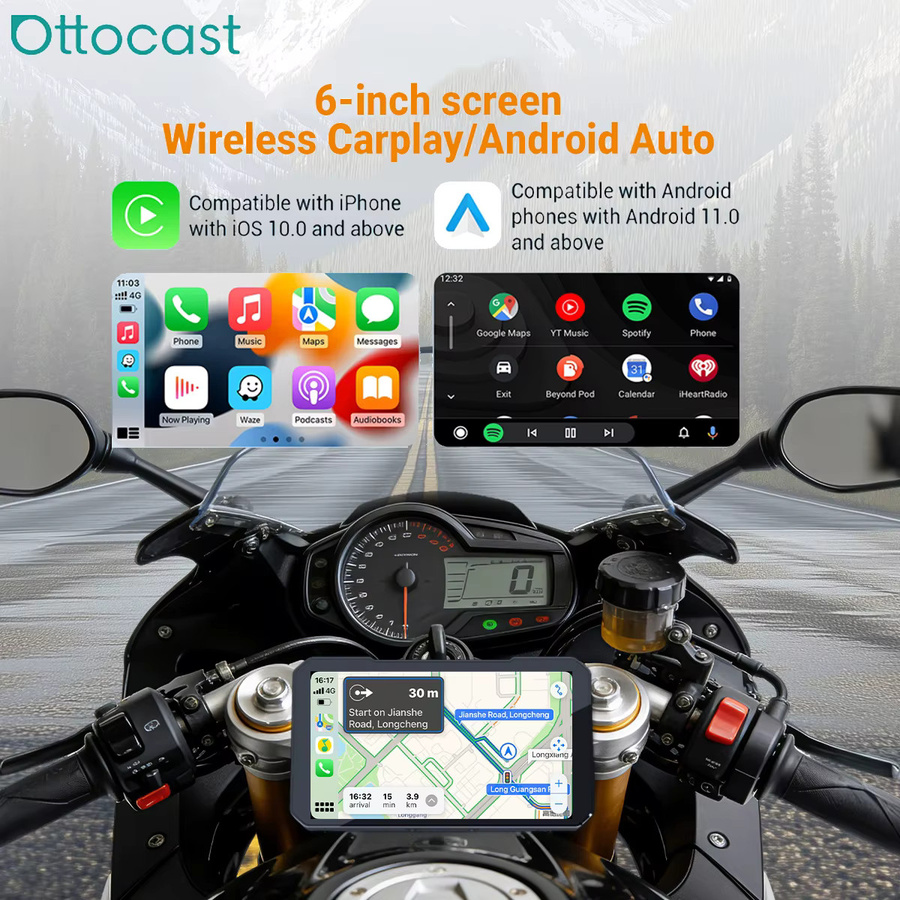 Ottocast C6 Kabelloses CarPlay und Android Auto Motorrad-Display mit DVR und TPMS, 6 Zoll Touchscreen, Schwarz, IP67 Wasserdicht - Bild 2