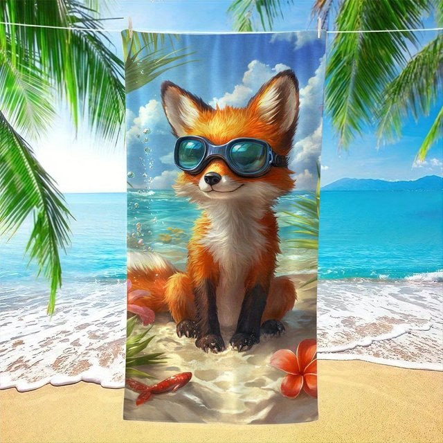 Ka Chen Muxi Strandtuch mit süßem Fuchs-Strandmuster in Weiß und Multicolour, weich und wasserabsorbierend, B: 40 cm, H: 60 cm - Bild 1