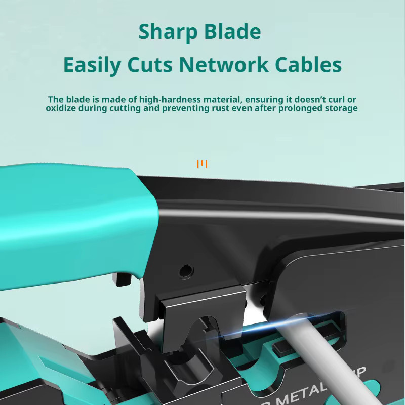 SAMZHE RJ45 Crimpzange mit Durchgangsfunktion und Schneidefunktion für Cat6a Cat6 Cat5 8P8C modulare Steckverbinder in Türkis - Bild 5