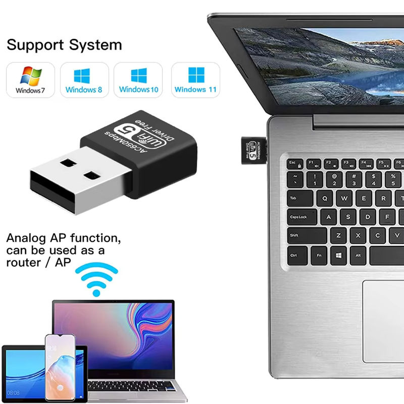 DERAPID Dualband-WLAN-Adapter AC650 in Schwarz mit Dual-Antennen für PC und Laptop - Bild 3